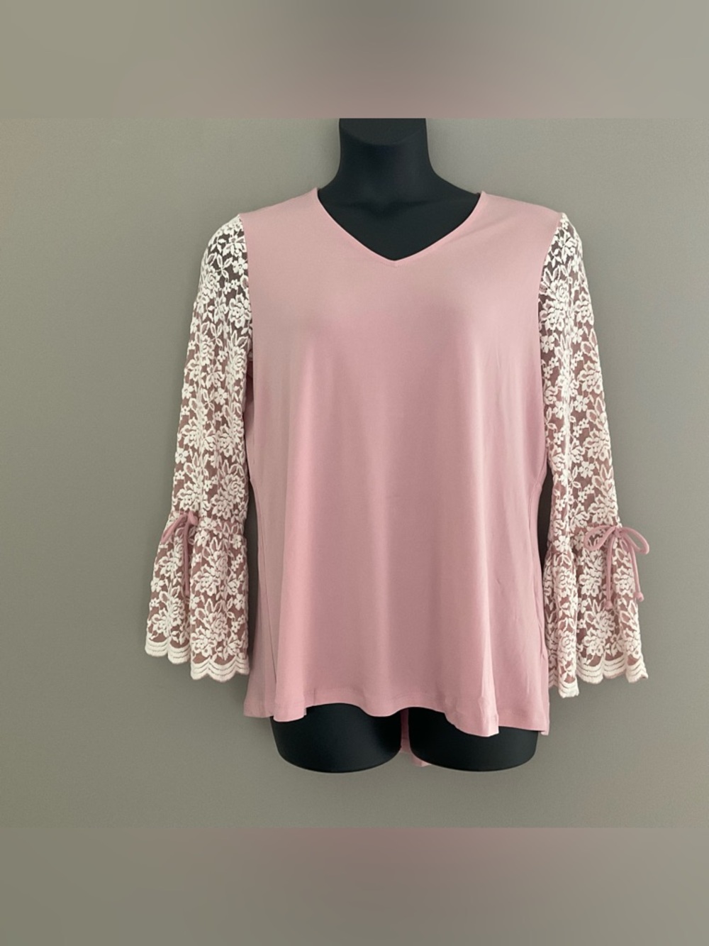 Susan Graver Soft Pink Lace-Sleeve V-Neck Women’s Top